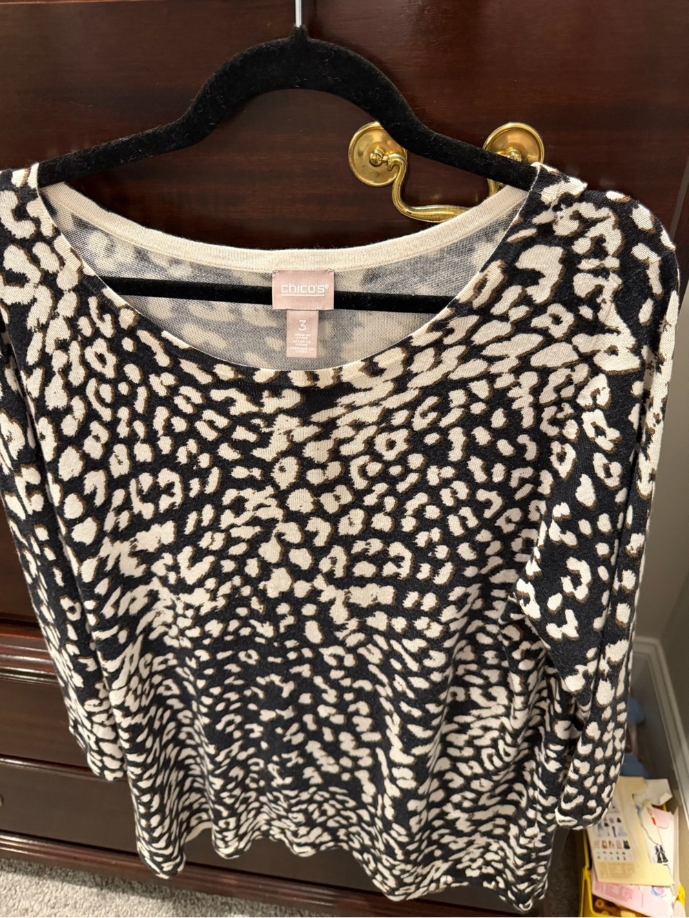 Chico's Black and Cream Animal-Print Scoop Neck Sweater